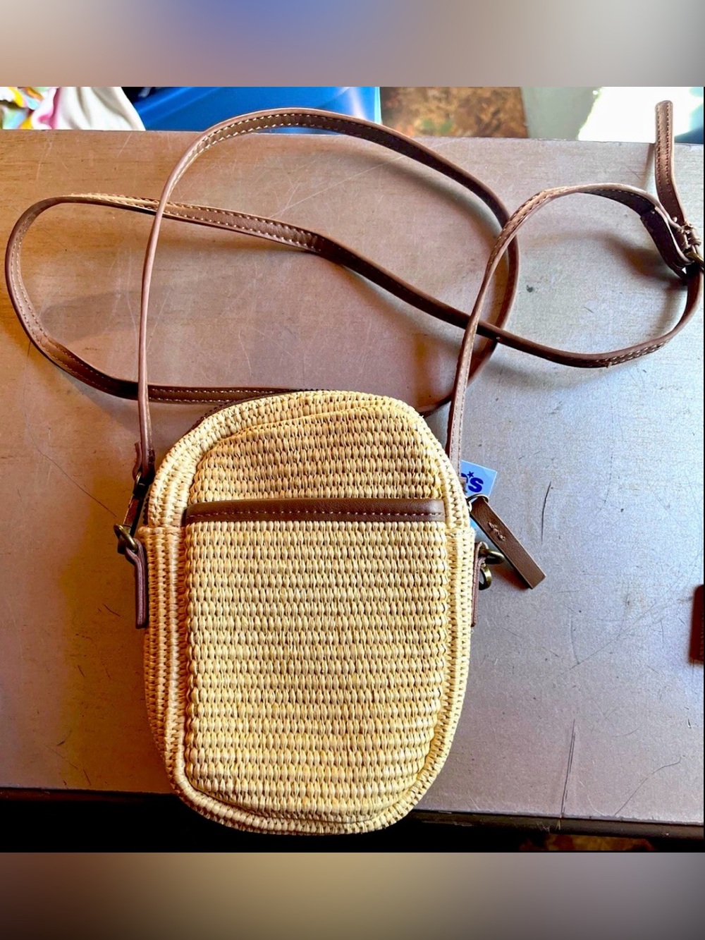 Woven Straw Crossbody Bag Natural Tan Brown Faux Leather Strap Boho Small